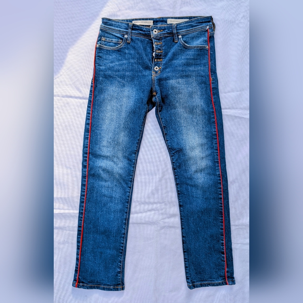 Pilcro Aryropologies Relaxed Straight Leg Red Stripe Button Fly Jeans Women's 28